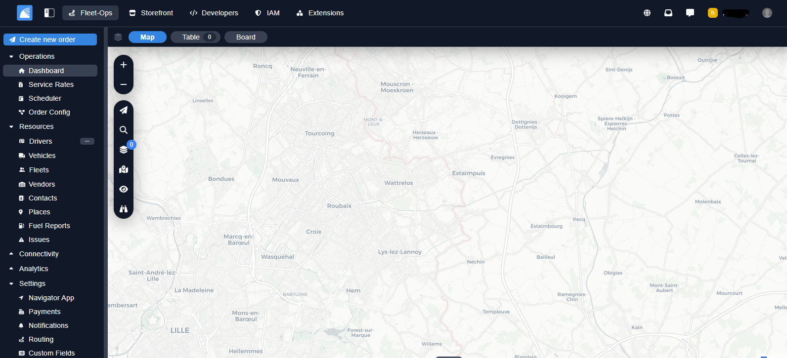 Vue dashboard Fleetbase pour le suivi opérationnel transport